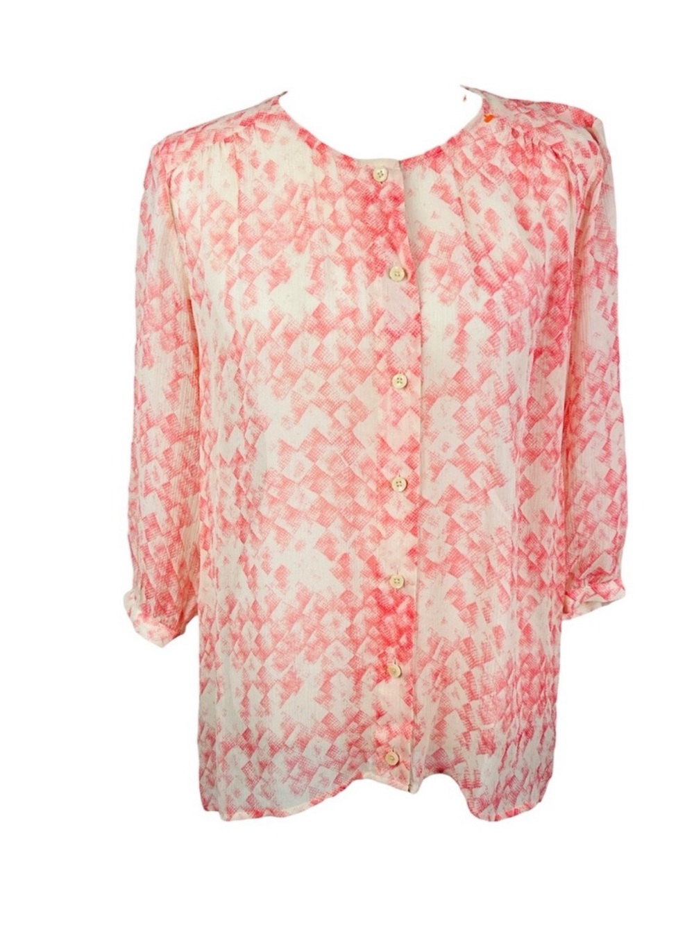 CAbi Emerson Blouse Coral-Pink Patterned Button Front Top - Picture 2 of 6